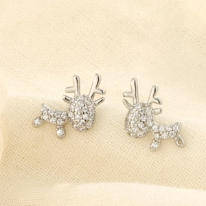 Elegant silver reindeer stud earrings with shimmering cubic zirconia stones for women