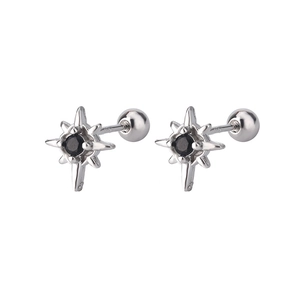 Detailed view of S925 sterling silver star stud earrings with black cubic zirconia