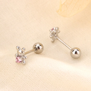 Cute S925 silver bear stud earrings with pink zircon and screw back closure
