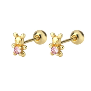 Cute golden bear stud earrings with pink zircon stone and screw back for comfort