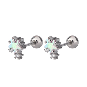 Macro shot of S925 sterling silver star earrings with rainbow opal and zircon stones