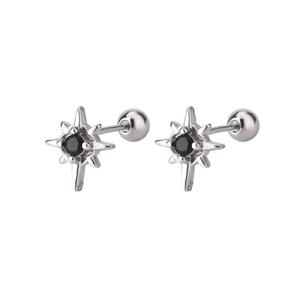 S925 sterling silver starburst stud earrings with black zircon and screw back closure