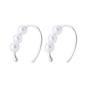 Elegant silver pearl hook earrings with three white pearls in a minimalist design