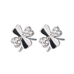 Elegant S925 sterling silver flower stud earrings with black enamel and cubic zirconia