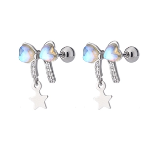 Detail of silver bow earrings with star pendant, moonstone and screw back closure