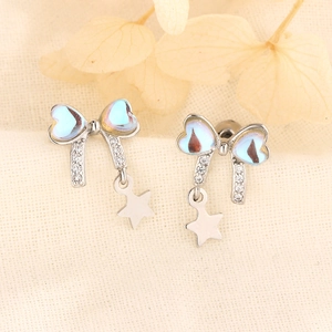 Bowknot Star Drop Earrings Copper Heart Iridescent Blue Stone Zircon Sweet Niche Design Jewelry For Women