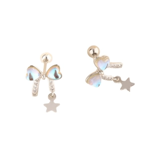 Silver bow stud earrings with iridescent opal finish and star charm on white background