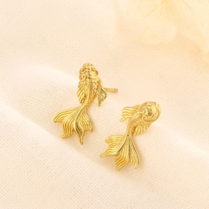 Boucles D'oreilles Puces Carpe Koi Cuivre Plaqué Or Détail Sculpté Style Chinois Rétro Bijoux Pour Femmes