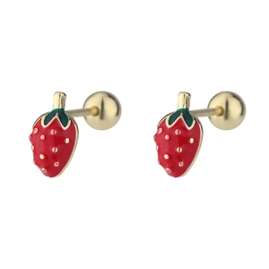 Macro detail of red strawberry stud earrings with secure gold screw back design
