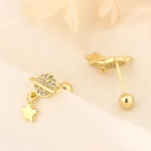 Detailed view of gold planet earrings with zircon star pendant and secure screw back
