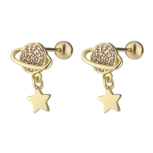 Detail of gold planet earrings with zircon star pendant and screw back ball design