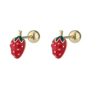 Cute red strawberry stud earrings with screw back closure in gold finish for women