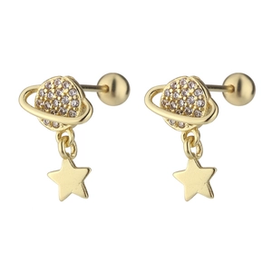 Gold planet stud earrings with micro-pushed zircon stones and hanging star pendants