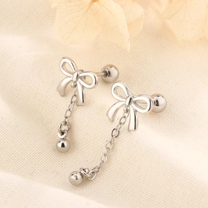 Bowknot Tassel Drop Earrings Long Chain Ball Pendant Screw Back Copper Jewelry Sweet Elegant For Women