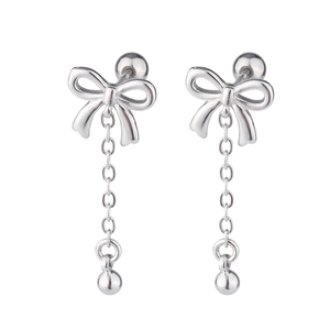 Elegant silver bow tassel earrings with chain drop design and screw back closure