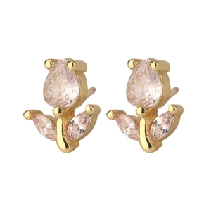Elegant gold tulip stud earrings with pink zircon floral petals on white background