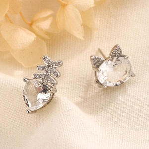 Détail macro de boucles d'oreilles chat et arête de poisson en argent avec pierres zircons