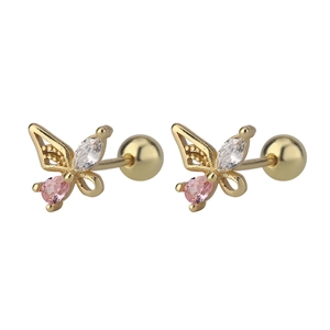 Detail of S925 silver hollow butterfly studs with pink zircon and screw-back closure