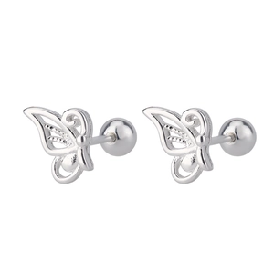 Macro view of silver hollow butterfly stud earrings with secure ball screw backs