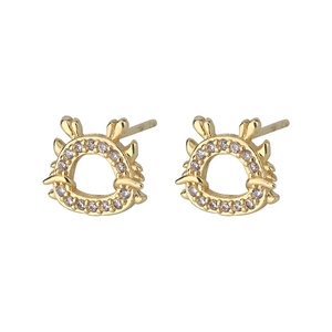Detail of gold dragon studs featuring white zircon micro-paving and Chinese style design