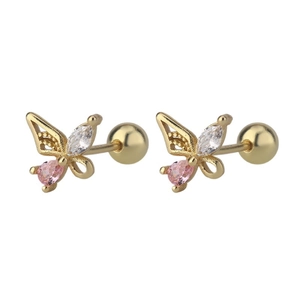 S925 silver hollow butterfly studs with pink zircon and secure screw ball backs