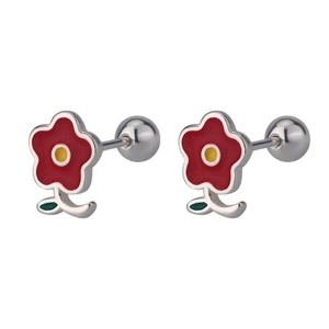 Boucles d'oreilles fleurs en émail rouge avec fermoir à vis et détail de feuille verte