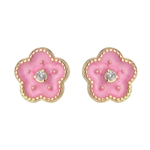 Elegant peach blossom enamel stud earrings with gold beaded edges and zircon center