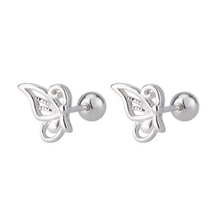 Pair of silver hollow butterfly stud earrings with screw ball backs on white background