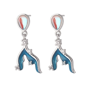 Elegant S925 silver mermaid tail earrings with blue coral branches and moonstone stones