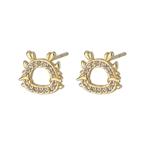 Sparkling gold dragon stud earrings with white rhinestones on white background