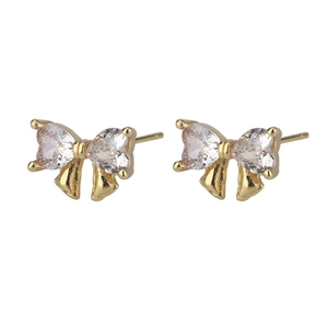Elegant gold S925 silver bow stud earrings with heart-shaped sparkling crystals