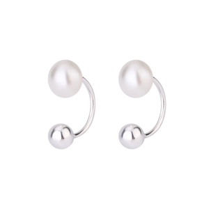 Minimalist C-shaped silver earrings with premium freshwater pearls and polished metal beads