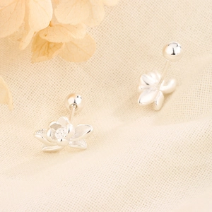 Detailed macro view of S925 silver lotus stud earrings with secure ball screw backs