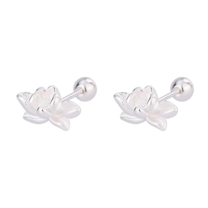 Detailed view of silver lotus flower stud earrings with secure screw-back ball closures