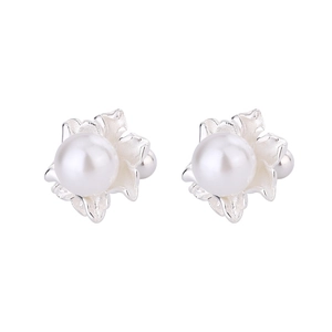 Elegant silver flower stud earrings with white pearl center and screw back closure