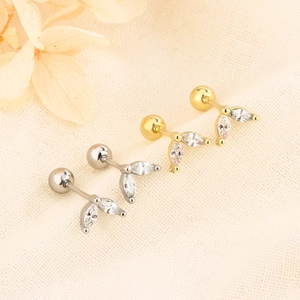 Marquise Cubic Zirconia Leaf Stud Earrings Copper Ball Back Screw Cartilage Piercing Jewelry For Women