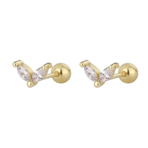 Golden V-shaped cartilage studs with marquise zircon stones and secure ball screw backs