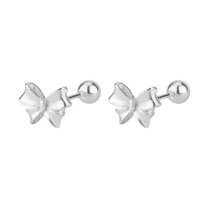 Detailed view of silver bow earrings with screw-back design on white background