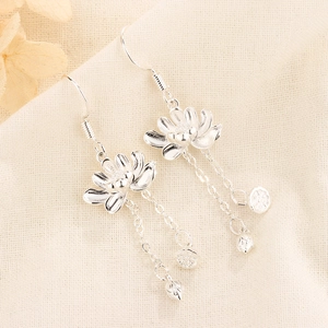 Boucles D'oreilles Pendantes Longues À Pampilles Fleur De Lotus Style Chinois Vintage En Cuivre Avec Crochet En Argent 925