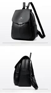 Detail view of black faux leather backpack showing pebble grain texture and side pockets