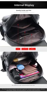 Detailed view of the black leather backpack interior with organized storage compartments
