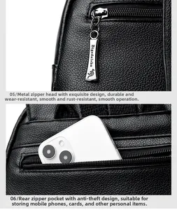 Detail of black pebbled leather backpack showing anti-theft back pocket and durable metal zipper