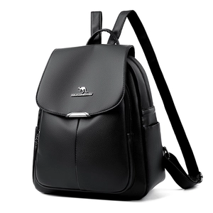 Large capacity black soft leather backpack for women with kangaroo logo and metal buckle