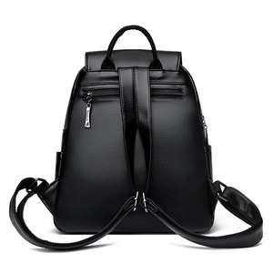 Black litchi grain leather backpack with anti-theft back pocket and adjustable straps