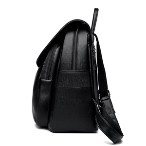 Large black lychee pattern leather backpack for women with multi-zipper compartments