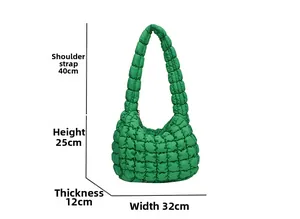 Green quilted cloud bag dimensions with 40cm strap and 32cm width detail view