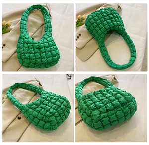Detailed views of a green quilted cloud handbag featuring bubble texture and hobo design