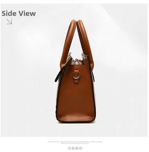 Side view of brown woven texture tote bag showing silver zipper and metal D-ring
