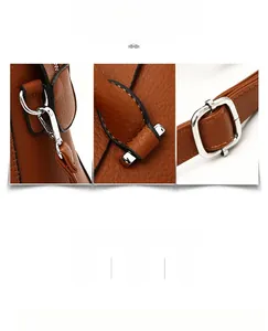 Détails de la bandoulière réglable et des boucles en argent sur un sac en cuir marron