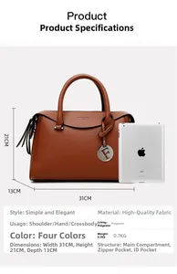 Détails du sac à main marron grainé avec dimensions de 31cm de largeur et 21cm de hauteur